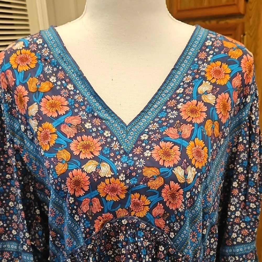 Blue V-Neck Bishop Sleeve Sundress